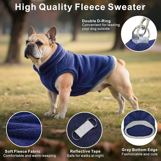 Idepet 2 Pack Dog Fleece Vest Sweater Warm Pullover Jacket with D-Ring Leash Reflective Winter Coat Hoodie for French Bulldog Pug Chihuahuas Yorkies Dachshunds(Black&Blue,XX-Large-French Bulldog)