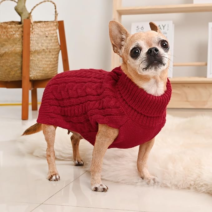 2 Pack Dog Sweaters for Small Dogs Turtleneck Pullover Cable Knit Puppy Stretch Clothes Chihuahua Yorkie Pomeranian Toy Poodle Boy Girl Pets Winter Doggie Clothes (S, Red & Brown)