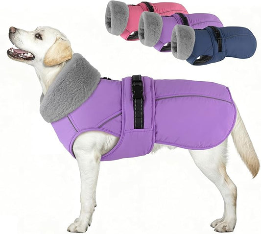 PETDSH Dog Coat Large, Windproof Dog Jacket with Warm Fleece Lining, Thickened Collar Dogs Winter Coat, Adjustable Reflective Pet Coats for Cold Weather (Purple, XXX-Large)
