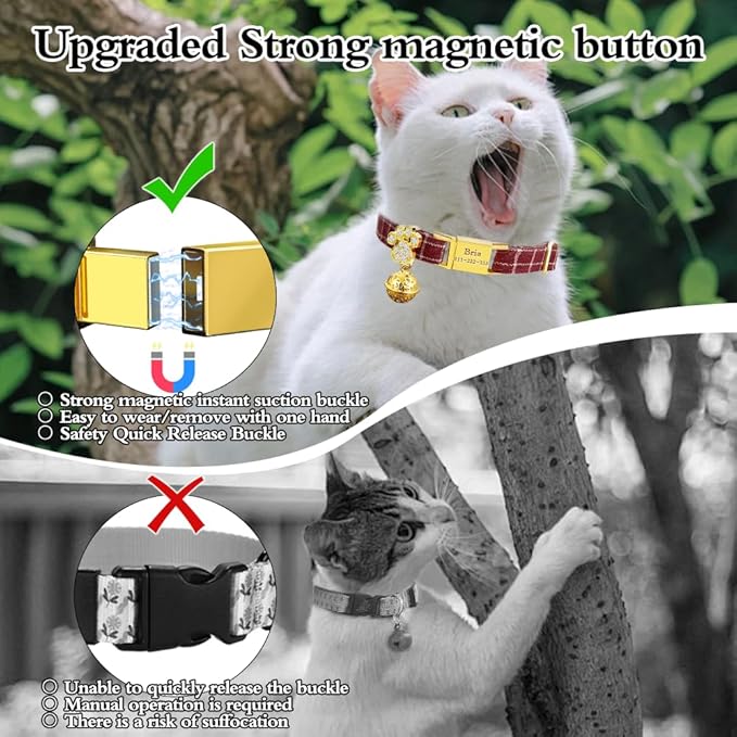 Personalized Breakaway Cat Collars - Magnetic Buckle, Bell - Safety Quick Release, Customized for Girls & Boys Cats- (Checkered-Red)