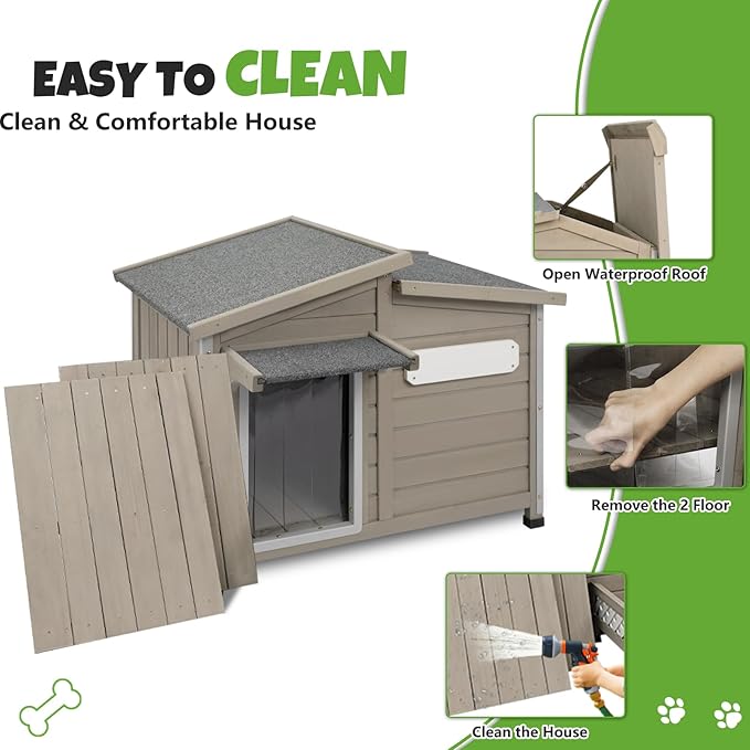 Large Outdoor Wooden Dog House, Weatherproof Dog Houses with Adjustable Vent Windows, Alloy Chew-Resistant Frame, Removable Floor for Medium & Large Dogs (43.5" L x 29.5" W x 33.5" H)