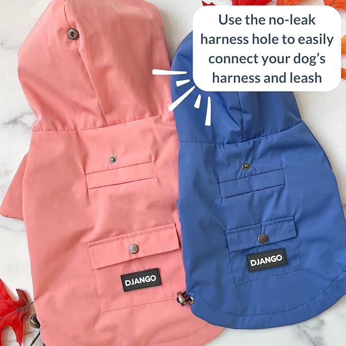 DJANGO Highland Dog Jacket & Raincoat – Water-Repellent, Lined Dog Coat with Hood, Adjustable Fit & Harness Hole – Lightweight Rain & Wind Jacket for Small & Medium Dogs up to 30 lbs (Pink, Medium)