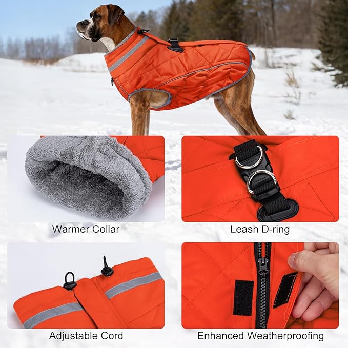 Dog Coat, Warm Dog Winter Coat for Large Dogs, Waterproof Jacket with Harness Built in, Reflective Turtleneck Cold Weather Coats with Zipper,Pet Fleece Vest Snow Jacket, Orange XXXL
