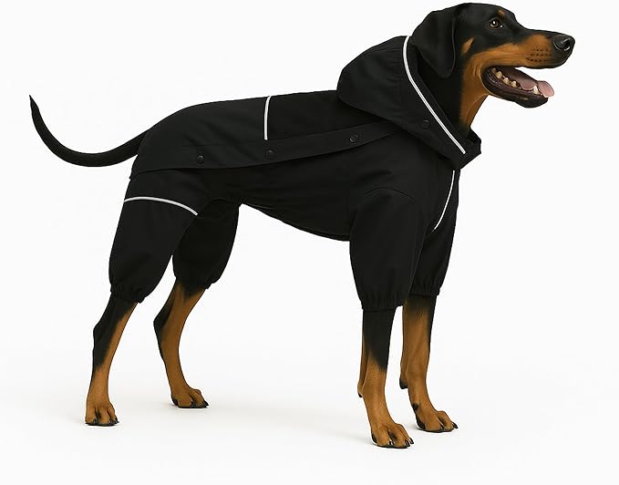 LOVELONGLONG Waterproof Dog Raincoat with Removable Hood – Outdoor Full Body Dog Jacket, Windproof Snowproof Shell Suit – All Season Pet Rain Gear Black XL