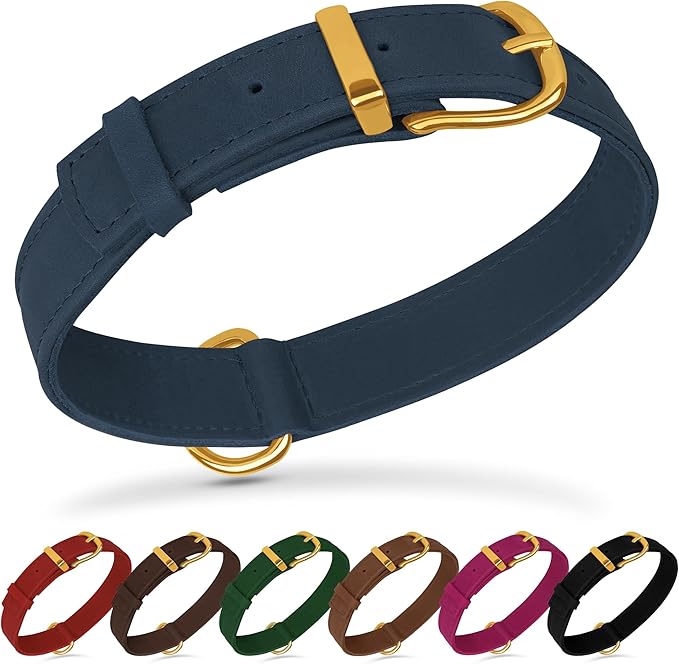 Leather Dog Collar - Heavy Duty Adjustable Soft Padded Pet Collars for Small Medium Large Dogs Breed - Black Green Brown Pink Red Blue (Smoky Blue, XL, 19"-24" Neck Fit)