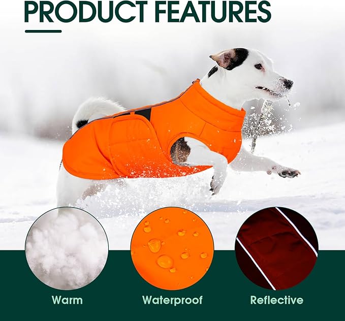 Kuoser XXXL Dog Coat, Dog Jackets for Large Dogs, Reflective Pet Winter Coat Cold Weather Coats, Doggie Snow Jacket Warm Apparel Clothes for Great Dane, Orange XXXL