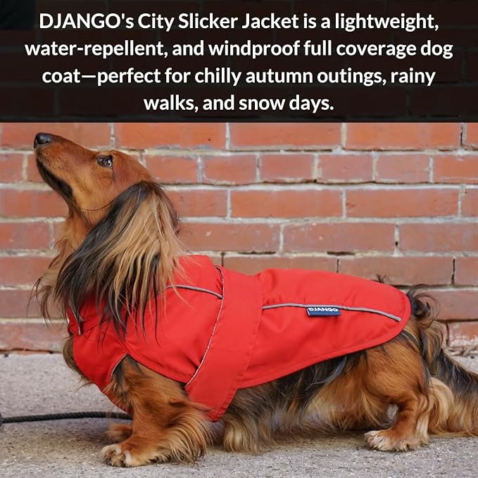 DJANGO Dog Jacket & Raincoat – Lightweight Water-Resistant Coat for Small, Medium & Long Dogs Like Dachshunds – Reflective, Adjustable Fit, Harness-Compatible & Easy-Access Harness Hole - Red, Large