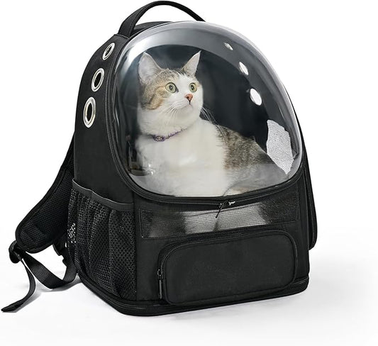 Amazon Basics Pet Carrier Backpack for Small Cats & Dogs, Collapsible Travel Carrier with Bubble Window & Breathable Mesh, Foldable for Travel, Black