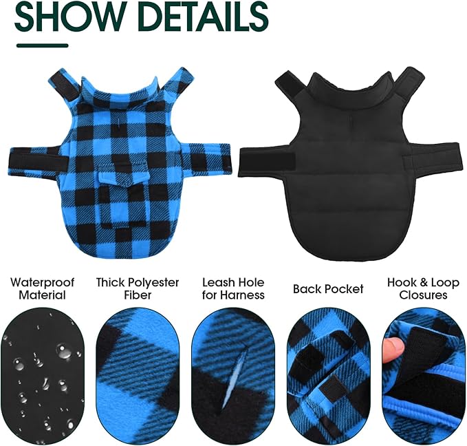 Kuoser Dog Winter Coat, Windproof Dog Fleece Jacket British Style Plaid Cold Weather Doggie Vest Coats, Reversible Cozy Warm Pet Clothes Apparel for Large Size Dogs L