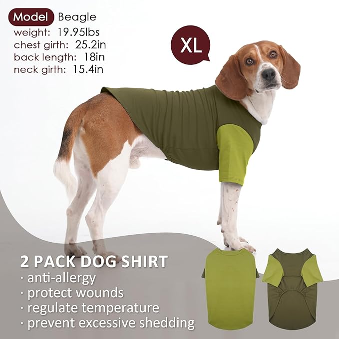 2 Pack X-Large Dog Shirts - Breathable Lightweight Durable Tees, Durable Moisture-Wicking Clothes for Beagle, Bullmastiff, Sleeping Hot Summer Day Outdoor Activities, Travel, Seaside, Green