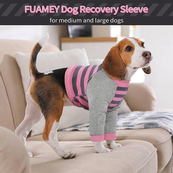 FUAMEY Dog Recovery Sleeve with Elbow Protector,Dogs Shirt Stop Licking Joints,Pet Long Sleeve Suit Protecting Dog's Front Leg Arm Wounds Cover Skin Conditions Pink Stripes L