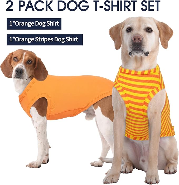 IECOii 2 Pack Dog T-Shirts for Small Medium Dogs,Lightweight & Comfortable – Easy to Wear,Machine Washable & Non - Fading – Perfect for Summer Indoor and Outdoor Use,Orange+Stripes,Large