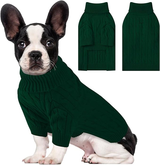 Small Dog Thermal Pullover Sweater, Classic Turtleneck Cable Knitwear Dog Clothes for Cold Weather Warm Pet Clothes for Chihuahua, Bulldog, Dachshund, Pug Green Small