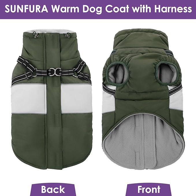 SUNFURA Dog Coat, XXXL Dog Jacket Winter with Harness Built in, Waterproof Pet Snow Jacket with Furry Collar for Chilly Day, Reflective Fleece Snowsuit for Extra Large Dogs, Army Green 3XL