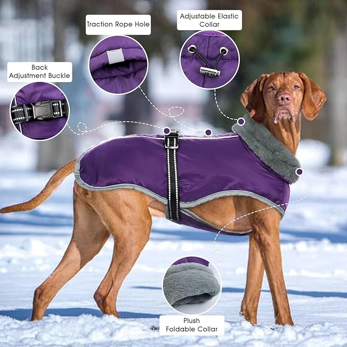 Warm Dog Jacket,3XL Dogs Reflective Adjustable Winter Coat with Turtleneck for Cold Weather,Waterproof Fleece Snowsuit Large Dogs,Pet Cold Weather Coats,Dog Winter Coat Windproof,Purple,3XL