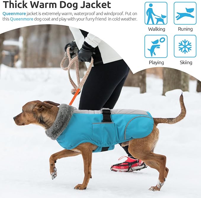 Queenmore Fleece Dog Coats, Dog Jackets for Large Breeds, Waterproof Windproof Winter Large Pet Coat Fall, Reflective Pet Jackets for Winter, Blue, XXXL