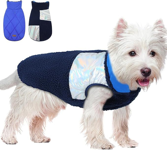 EMUST Warm Dog Jacket, Cozy Dog Fleece Coat with Leash Hole, Waterproof Reversible Winter Coats for Small Dogs, Royal Blue, XS