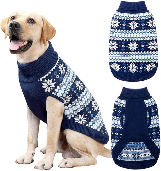 KOOLTAIL Cable Knit Dog Sweater Turtleneck, Cold Weather Pullover Classic Knitwear, Snowflake Pattern Thick Warm Winter Pet Clothes, Dog Christmas Sweater for Small Medium Large Dogs Cats, Navy Blue L
