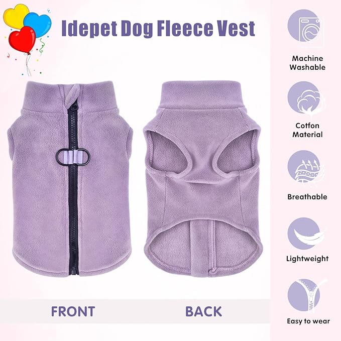 Idepet Dog Fleece Vest Sweater Zip Up Warm Pullover Dogs Jacket with D-Ring Leash Winter Cold Weater Coat Pet Sweatershirt Clothes Hoodie for Small Medium Dogs Boy Girl (Purple, XXS)