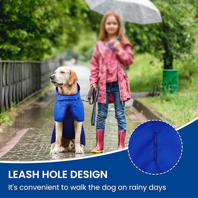BRKURLEG Dog Raincoat Adjustable Dog Rain Jacket with Hood Dogs Waterproof Rainproof Jacket with Leash Hole Pet Poncho Rain Coat Poncho with Reflective Strip, Blue, XXXL