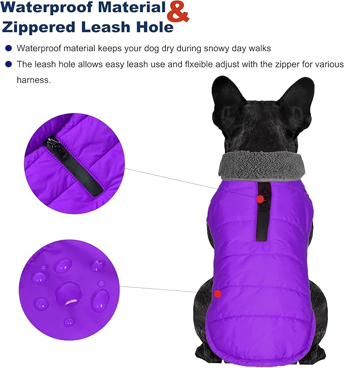 Dog Winter Coat, Waterproof Dog Jacket with Leash Hole, Reflective Adjustable Pet Snow Vest, Warm Fleece Sweater for Small Medium Large Dogs - Purple, XS