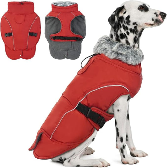 DENTRUN Large Dog Winter Coat - Windproof Reflective Warm Coat, Adjustable Neck & Snap Closure, Water Repellent Thick Fleece Vest, Fleece Lined for for Golden Retriever, Red, XL