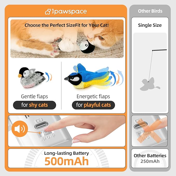 Interactive Flapping Bird Cat Toy with Catnip, Touch Activated Rechargeable, Musical Sound (can Turn Off), Satisfy Cat's Natural Huting Instinct, Soft Plush Washable Cover (Blue)
