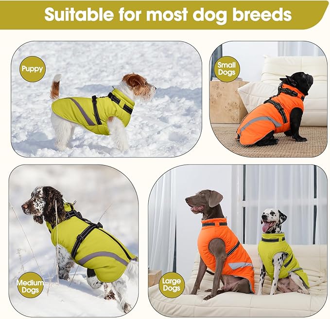 BRKURLEG Dog Winter Jackets for Large Dogs, Dog Coat with Harness Built in, Dogs Snowsuits with Zipper, Waterproof Windproof Pet Puffer Jacket Fleece Vest for Labrador, Dalmatian, Green XXL