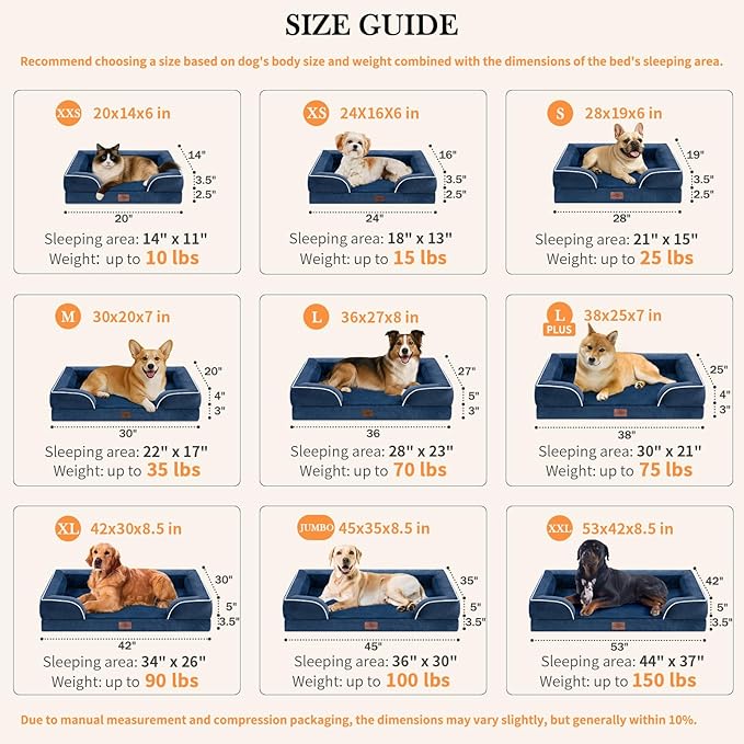 Comfort Expression Orthopedic Dog Bed for Extra Large Dogs 42x30 Inch, Waterproof Egg Crate Foam XL Pet Bed with Removable Bolsters, Dog Couch with Washable Cover & Non-Slip Bottom, Navy Blue