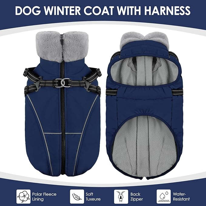 AOFITEE Small Dog Coat, XS Dog Jacket Winter with Harness Built in, Warm Fleece Puppy Coat, Waterproof Pet Puffer Jacket Snowsuit with Zipper, Reflective Dogs Cold Weather Coats Sweater, Blue XS
