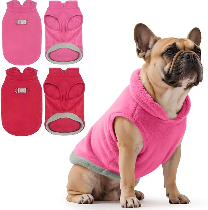 Idepet 2 Pack Dog Fleece Vest Sweater Warm Pullover Jacket with D-Ring Leash Reflective Winter Coat Hoodie for French Bulldog Pug Chihuahuas Yorkies Dachshunds(Red&Rose Red,XX-Large-French Bulldog)