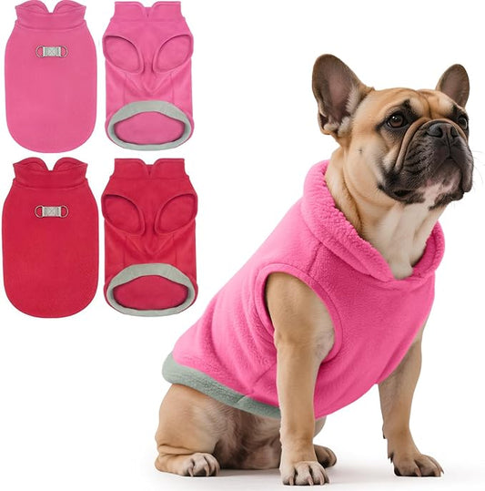 Idepet 2 Pack Dog Fleece Vest Sweater Warm Pullover Jacket with D-Ring Leash Reflective Winter Coat Hoodie for Puppy Cat French Bulldog Pug Chihuahuas Yorkies Dachshunds (Red&Rose Red,Medium)