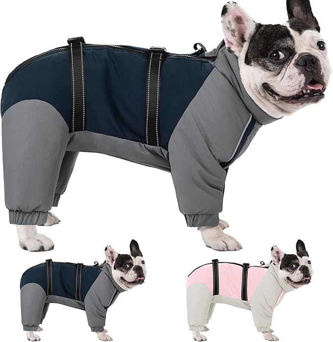 KOESON Four Legged Winter Dog Jacket with Adjustable Buckles, Turtleneck Windproof Fleece Jacket, Reflective Fullbody Puffer Coat Blue Grey XL