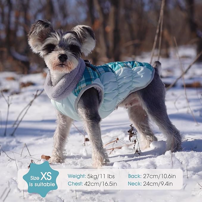 FUAMEY Dog Coat for Small Dogs,Waterproof Dog Winter Jacket with Harness Built in Puppy Cold Weather Coats Reflective Pet Vest with Zipper Warm Fleece Dogs Snowsuit Windproof Green Plaid XS