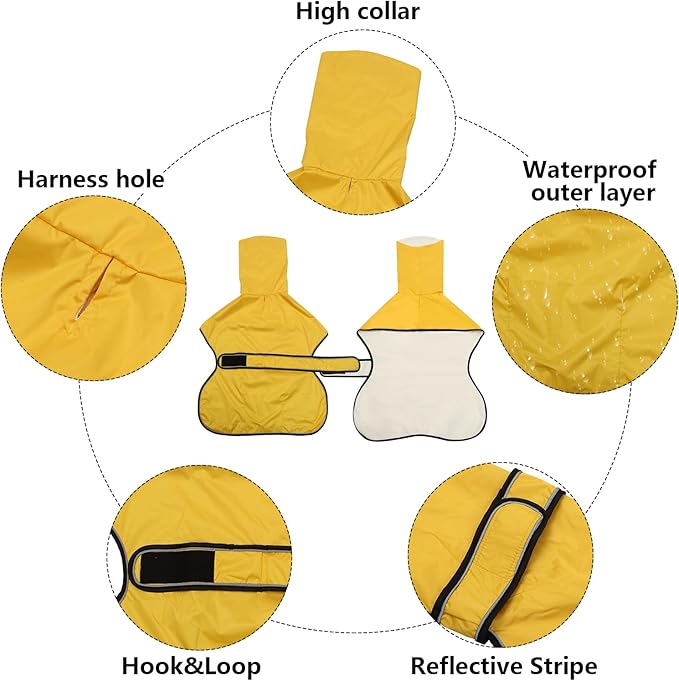 Dog Raincoat with Reflective Bar, Rain/Water Resistant, Adjustable Vest - Dog Raincoats for Greyhounds, Lurchers and Whippets - Yellow - XXL