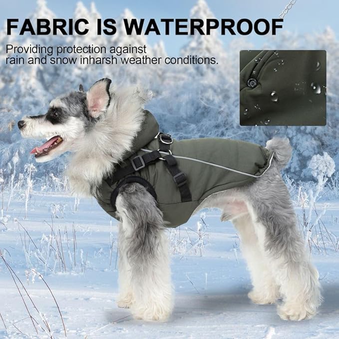 PINA Winter Coat with Waterproof Fabric and Faux Fur Hood, Dog Jacket with Reflective Strap for Small to Large Dogs, Green, M