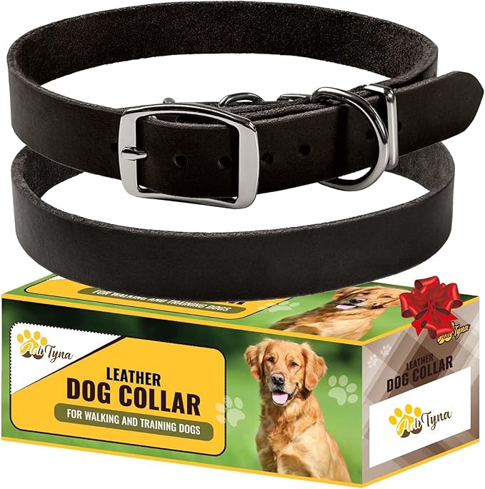 ADITYNA Black XL Leather Dog Collar for Extra-Large Dogs - Classic, Soft, Strong, Heavy Duty, Handmade Top-Grain Leather - for Walking, Training, and Hiking