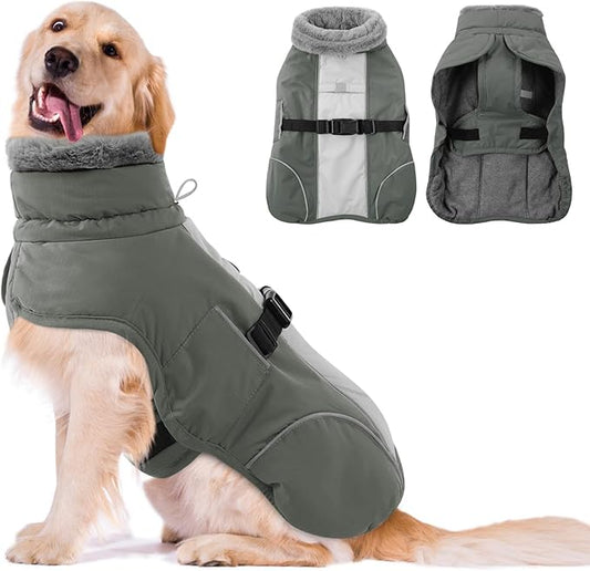Queenmore Dog Jackets for Large Breeds, Dog Cold Weather Coats Waterproof, Thick Fleece Lining Pet Coats XL Winter, Grey, XL