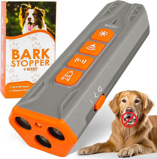 NEEDIT Dog Bark Deterrent Device to Stop Own or Neighbor’s Dog Barking, Biting & Fighting with Long Range – Rechargeable Ultrasonic Portable Anti Barking Device with 3X Sonic Emitters & Light (Gray)