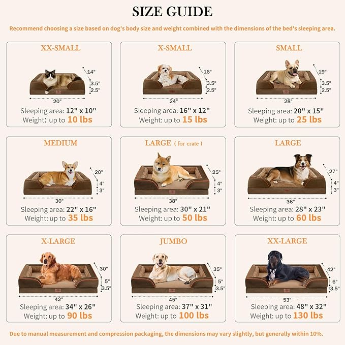 Comfort Expression Orthopedic Dog Bed for Extra Large Dogs 42x30 Inch, Waterproof Supportive Memory Foam XL Pet Bed with Removable Bolster, Dog Couch with Washable Cover & Non-Slip Bottom, Khaki Brown