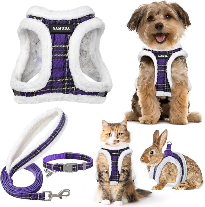 GAMUDA Small Dog Harness Collar and Leash Set, Step in No Chock No Pull Soft Mesh Adjustable Dog Vest Harnesses Plaid Reflective for Dogs Puppy Cats Kitten Rabbit (Warm Purple, XL)
