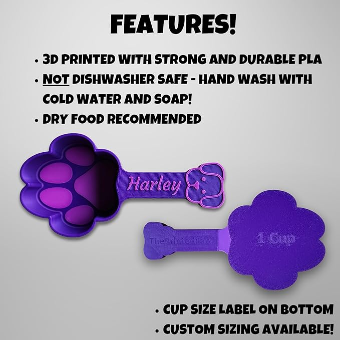Personalized Dog Food Scoop, Paw Print Pet Food Measuring Cup with Pup Face Handle and Name, Kibble Scoop (12 oz – 1 1/2 cup)