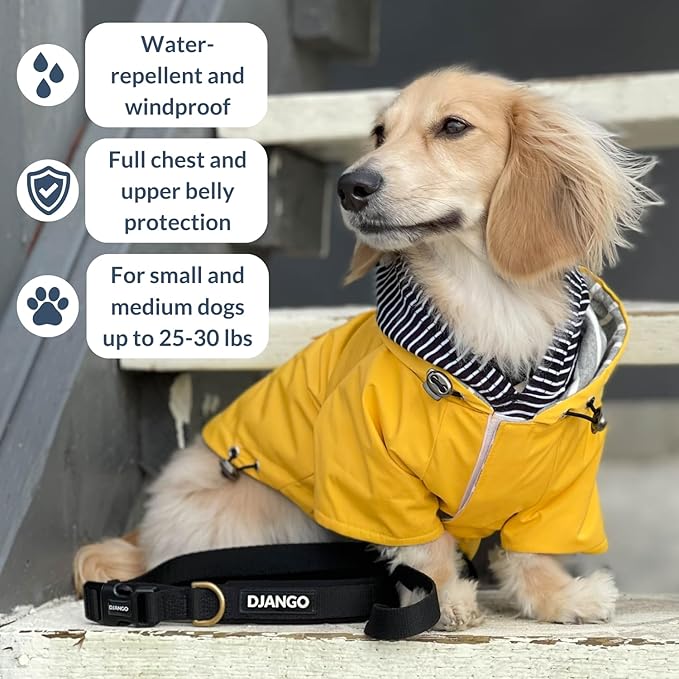 DJANGO Highland Dog Jacket & Raincoat – Water-Repellent, Lined Dog Coat with Hood, Adjustable Fit & Harness Hole – Lightweight Rain & Wind Jacket for Small & Medium Dogs up to 30 lbs (Yellow, Medium)