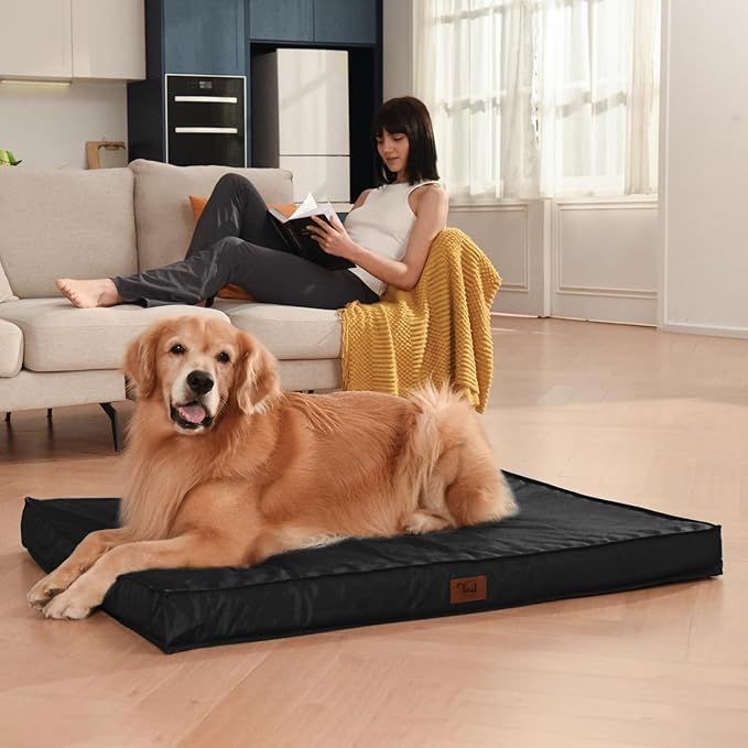 Outdoor Orthopedic Dog Bed for Medium Dogs & Cats, Waterproof Flat Pet Mat with Egg Crate Foam & Washable Removable Oxford Cover, 30x20 Inch, Black