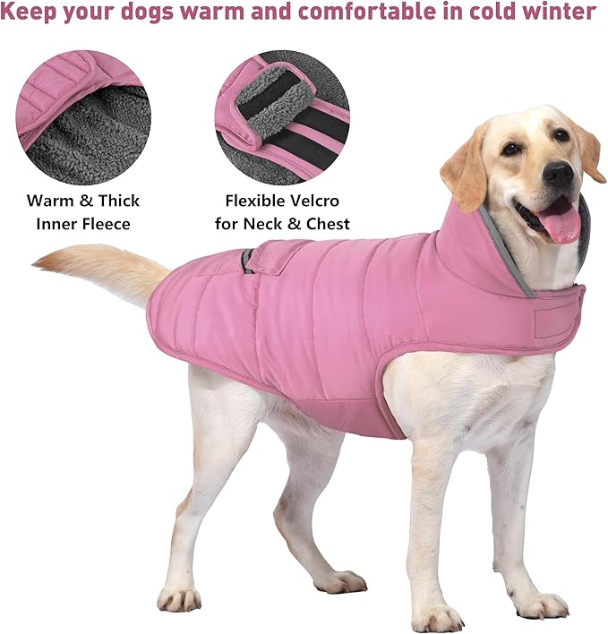 Dog Coat, Waterproof Dog Winter Jacket with Pocket, Reflective Adjustable Pet Snow Vest, Warm Cozy Fleece Sweater for Small Medium Extra Large Dogs - Light Pink, M