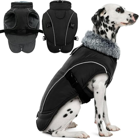 DENTRUN Large Dog Coat - Thick Fleece Lined Reflective Winter Jacket, Snap Closure & Leash Hole, Warm Thick Fleece Lined, Plush Turtleneck Vest for German Shepherd, Black, XXL