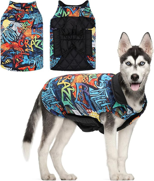 GMF Winter Dog Coat - Waterproof Windproof Reversible Jacket - Thick Adjustable Dog Cold Weather Coats - Soft Winter Coat with Leash Hole - Small to Large Sizes
