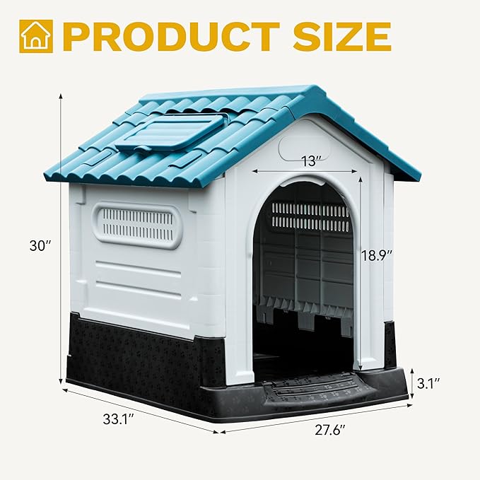 DWVO 33.1'' Plastic Foldable Dog House for Small and Medium Dogs, Waterproof Folding Pet House with Adjustable Top Window and Elevated Base (33.1''L x 27.6''W x 30''H)