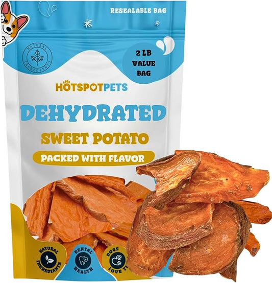 hotspot pets Dehydrated Sweet Potato Dog Treats (2 Pound Bag)- All Natural Rawhide Free, Grain-Free, & High in Fiber- Ideal for Small to Large Dogs - Perfect Dog Chews for Training, or Treat