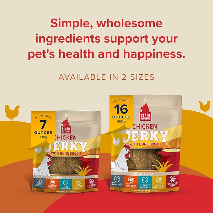 PLATO Pet Treats Jerky Dog Treats - Air-Dried Jerky for Dogs - Delicious, Real Meat Dog Treats - Grain Free - Supports Healthy Digestion - Chicken Jerky with Bone Broth 7oz